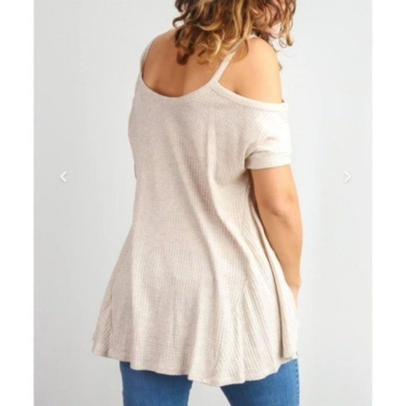 Cream Tan Tunic Waffle Knit Sweater Pullover Cold Shoulder Fall Winter Oversized - Picture 3 of 4